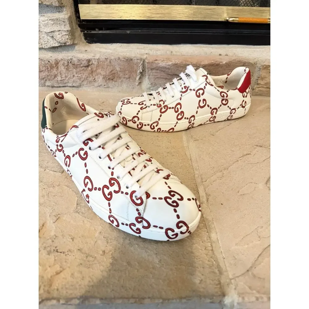 Gucci Ace GG Tennis Print Leather Sneakers White Red Green 8.5 Designer Luxe